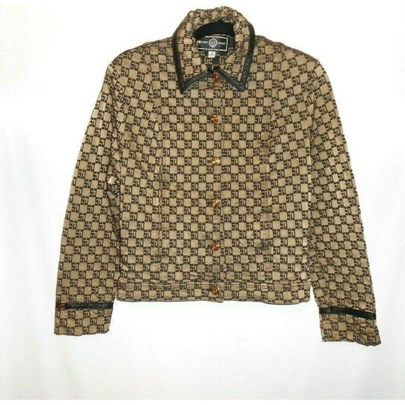 Vintage ST. JOHN SPORT By Marie Gray Leather Trim Jacket Bronze Black Monogram - Picture 2 of 12